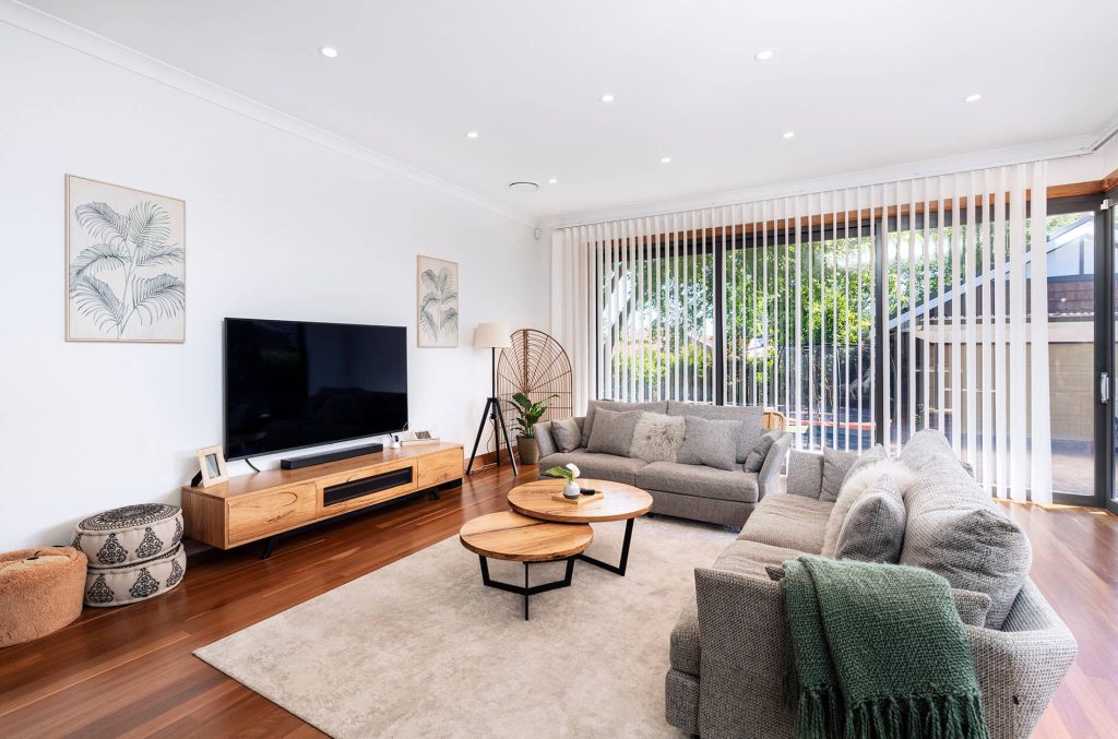 Modern family home featuring an open-plan kitchen, dining and living design