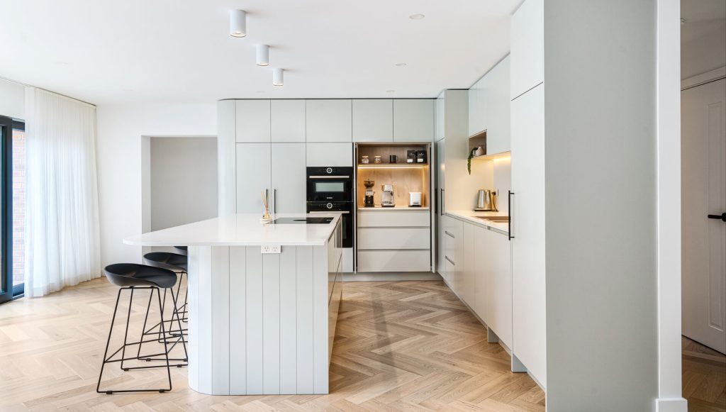 kitchen with open pocket door system in a renovation and extension project in Carlingford,